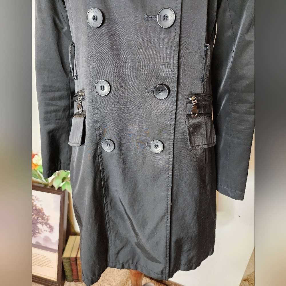 DKNY Black Trench Coat Classic Tailored Design Double Breasted Military Zippers - Picture 5 of 16